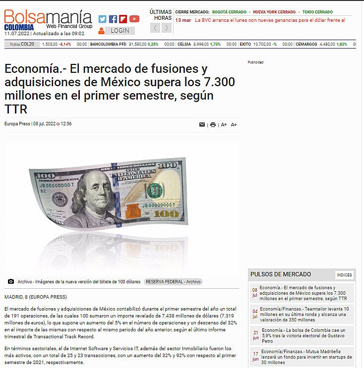 Economa.- El mercado de fusiones y adquisiciones de Mxico supera los 7.300 millones en el primer semestre, segn TTR
